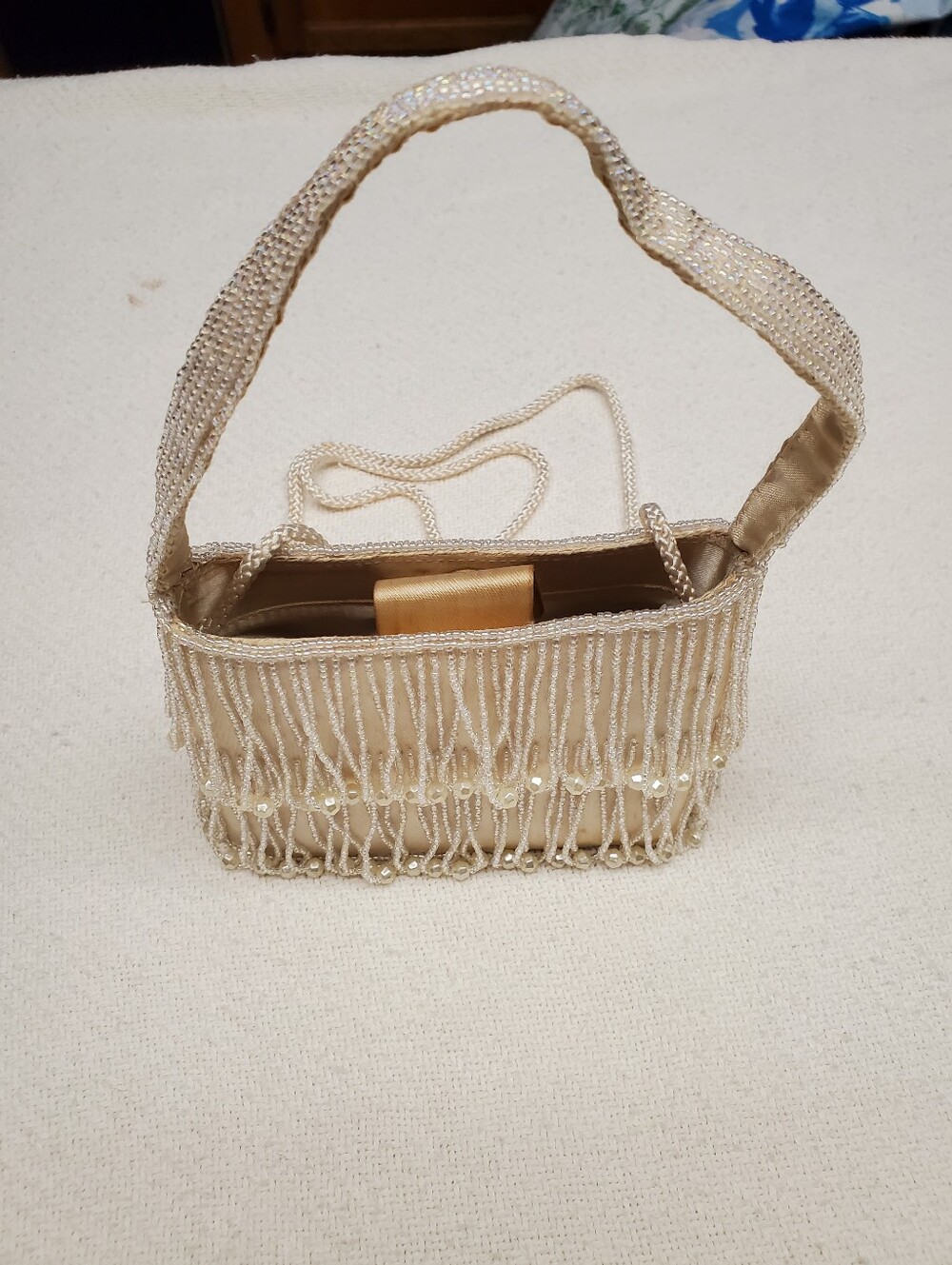 Vintage La Regale Beaded Fringe Evening Bag Ivory Pearl Crossbody Mini Purse - Picture 5 of 10